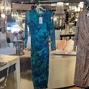 Chic Long Sleeve Blue and Green Dress